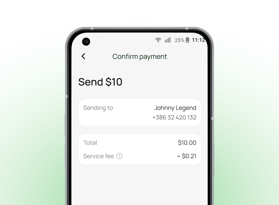 Confirm payment screen on SendTM