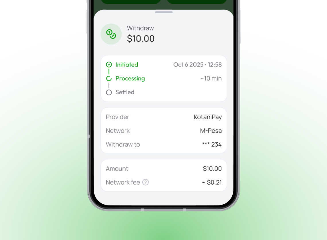 Withdraw status screen on SendTM